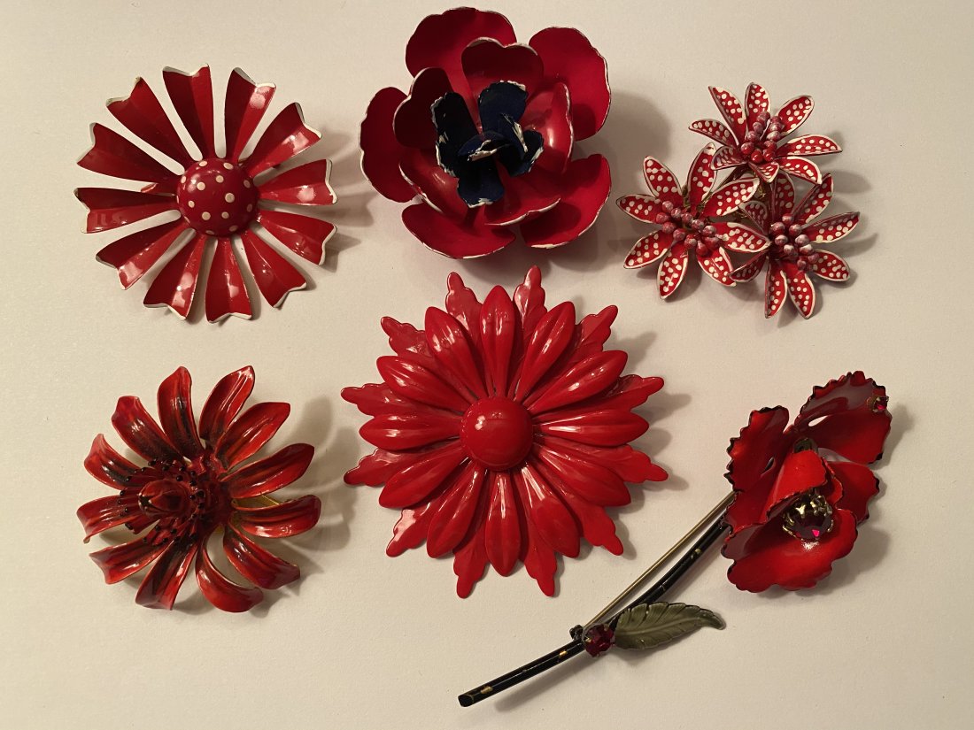 Lot of 6 Red Enamel Flower Brooches 2 Signed: Lot of 6 red enamel 1960’s flower brooches. 1 Signed Original by Robert and 1 signed Francois.