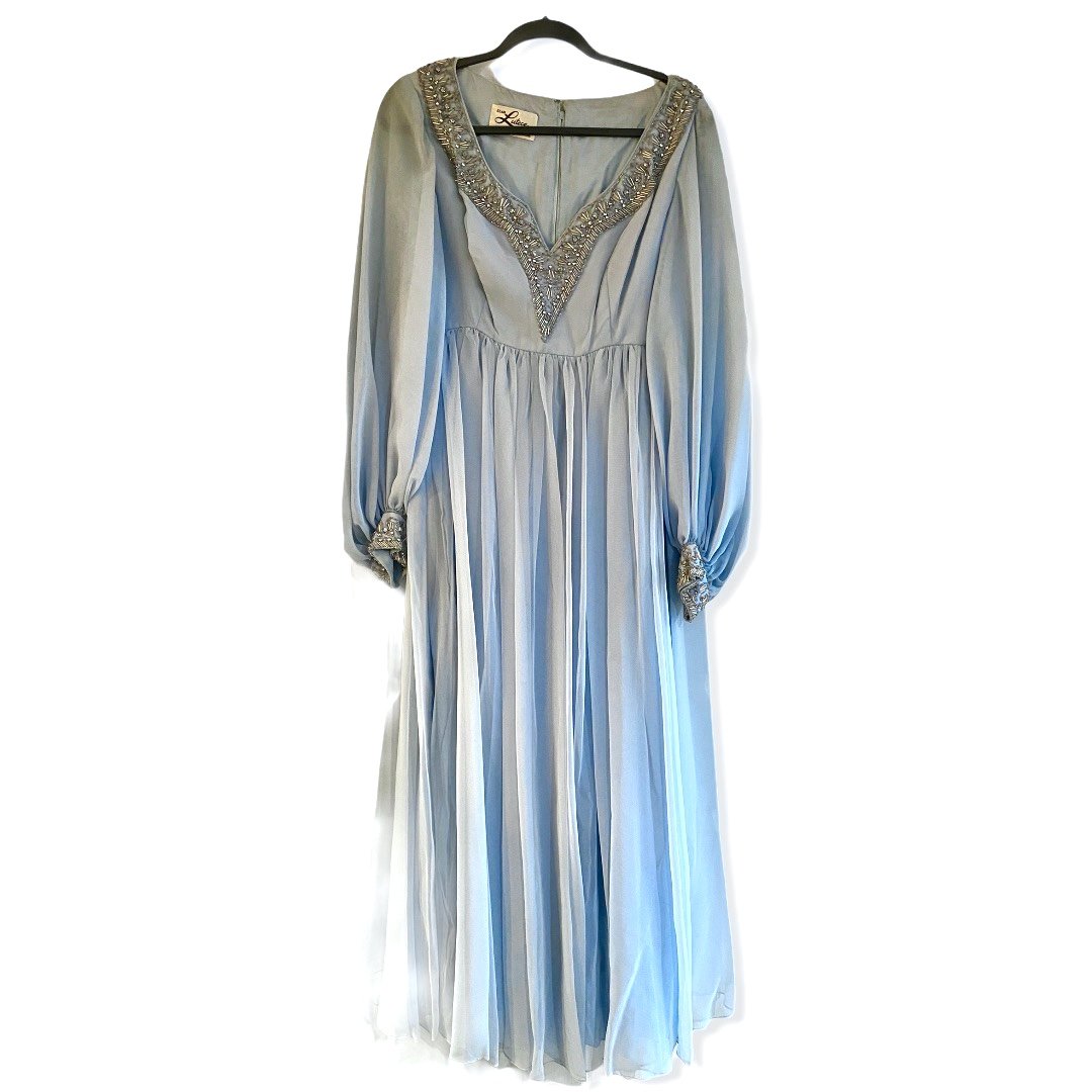 Vintage Jean Lutece Blue Chiffon Evening Dress: Vintage Jean Lutece blue chiffon evening dress with beading. Very good condition. This dress will fit a moder size 8 or 10.