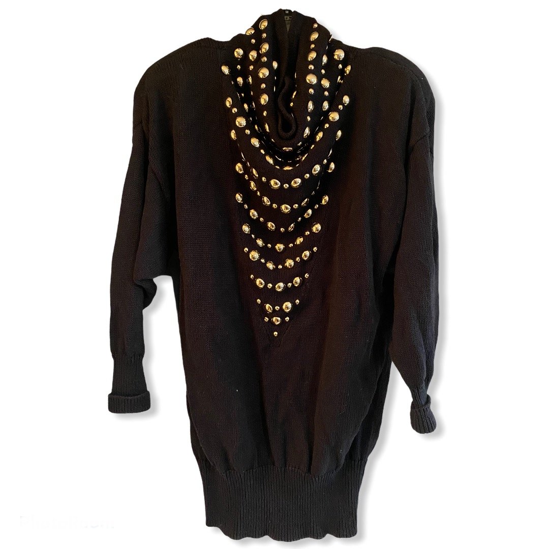 Quintessential 1980s Sweater with Studs and Cowl Neck: The quintessential black 1980s sweater with an exaggerated cowl neck and big gold studs by Bonnie Boerer and Company. It is in very good condition. Size small. Made in Hong Kong.