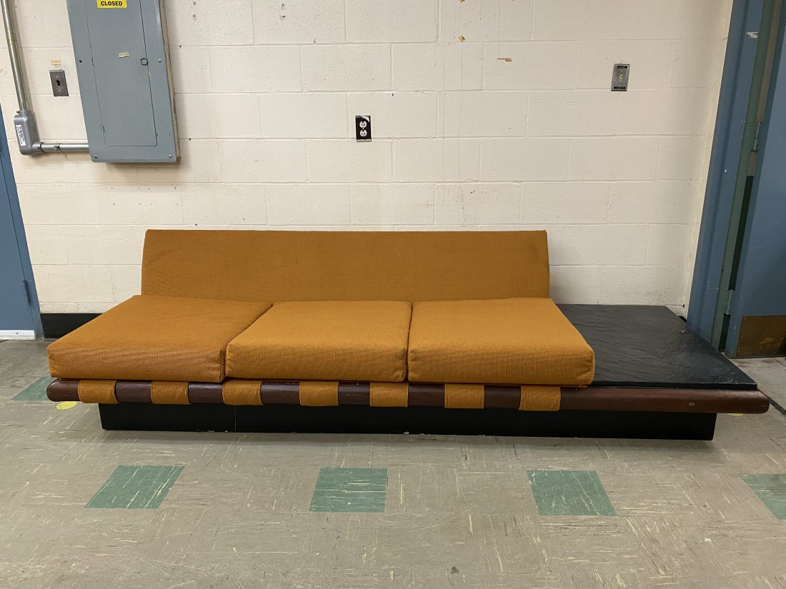 Adrian Pearsall for Craft Associates Sofa Side Table: Mid century modern Adrian Pearsall for Craft Associates platform sofa with side table. It measures 96 inches by 34 inches by 25 inches.