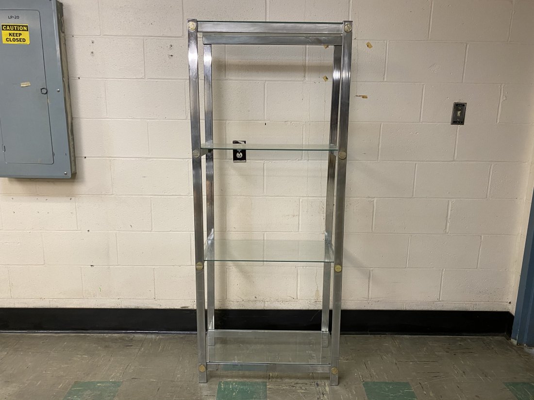 Mid Century Modern Chrome Shelf Hollywood Regency Style: Mid Century Modern Chrome Shelf Hollywood Regency Style. It measures 26 inches by 13 inches by 64 inches.