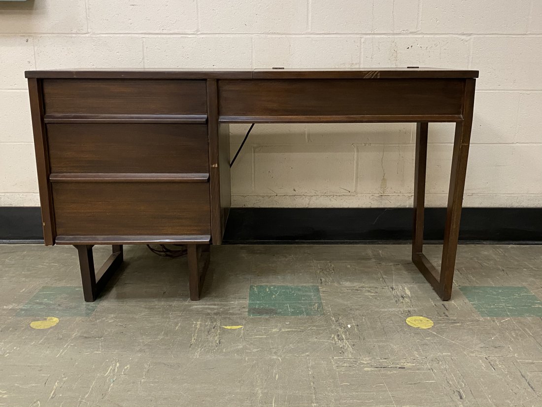Mid Century Modern Drexel Furniture Vanity: Mid century modern Drexel vanity with mirror and lights. It measures 48 inches by 19 inches by 27.5 inches.