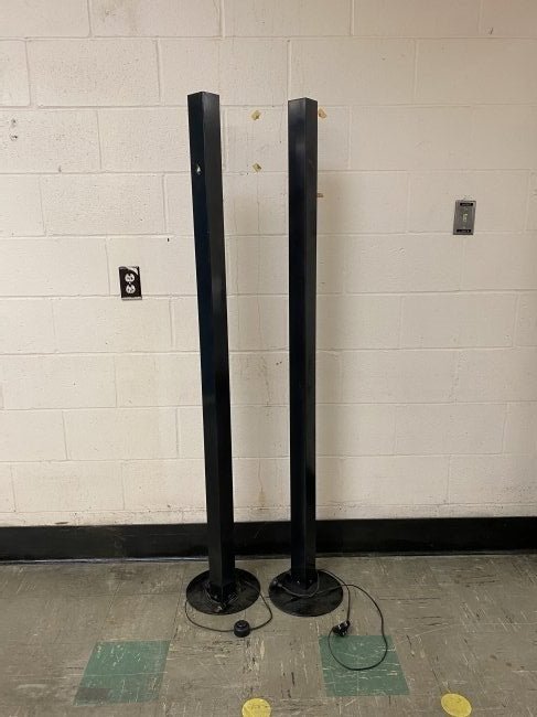 Pair of Optelma Memphis Style Floor Lamps: Pair of Optelma Memphis Style Floor Lamps. Each measures 63.25 inches tall with 10 inch diameter bases.