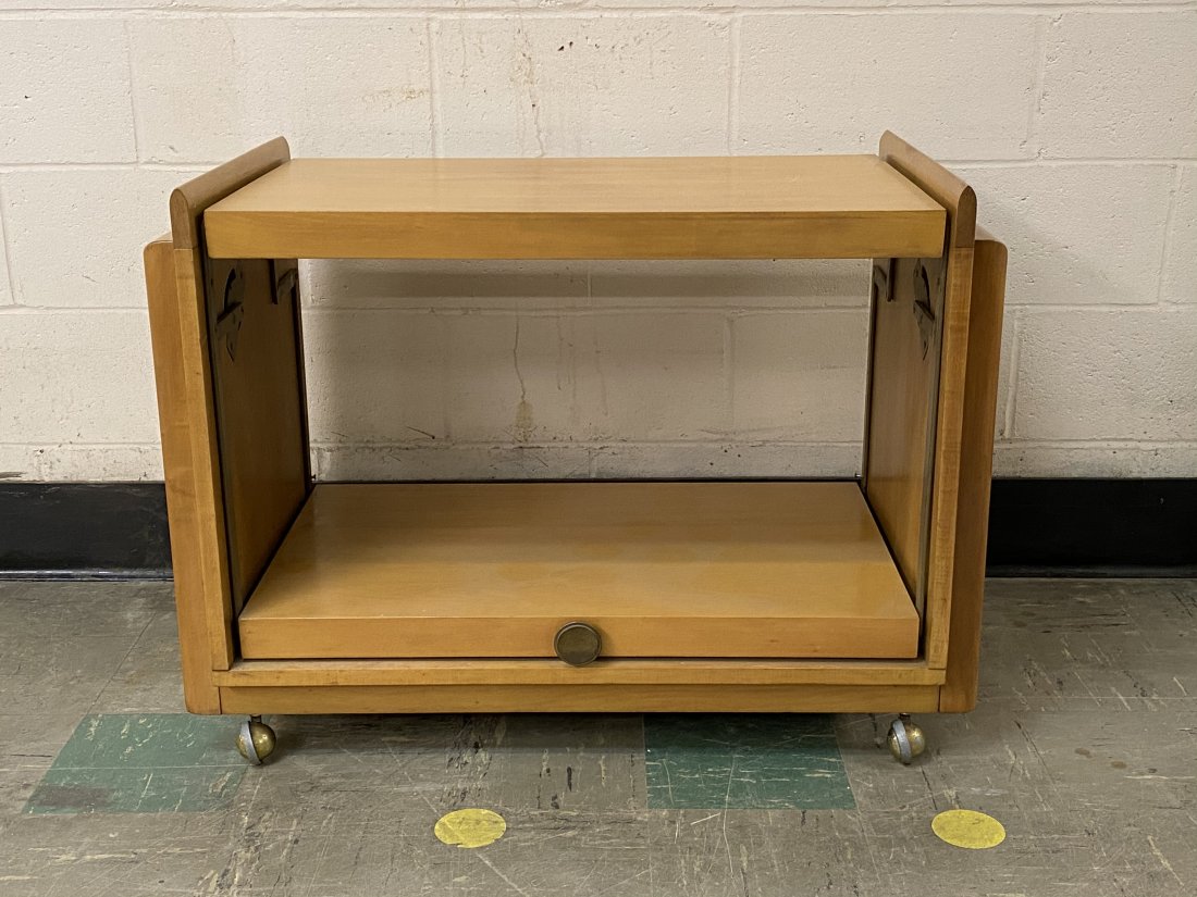 Mid Century Modern Rolling Expandable Bar Cart Table: Mid century modern expandable bar or table. When its expanded it measures 36 inches by 36 inches by 26 inches. When contracted it measures 19.5 inches by 36 inches by 26 inches. Great piece for a smal