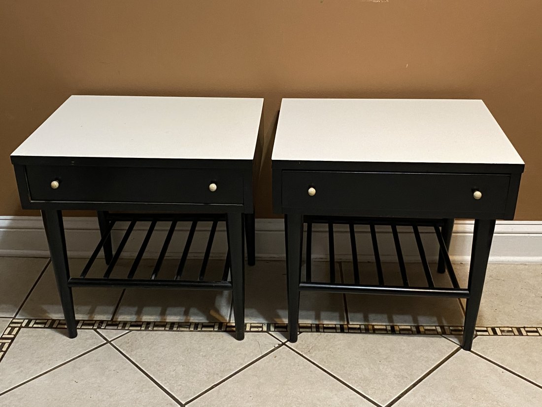 MCM American of Martinsville Nightstands End Tables: MCM American of Martinsville Nightstands or End Tables. White tops with black legs. One drawer.