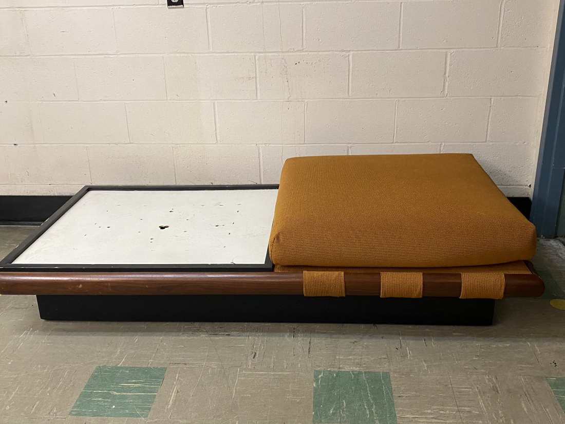 Adrian Pearsall Craft Associates Ottoman Coffee Table: Adrian Pearsall Craft Associates Ottoman Coffee Table. It is missing the black top for the coffee table side. The matching sofa is also available in this auction. It measures 69 inches by 33 inches by