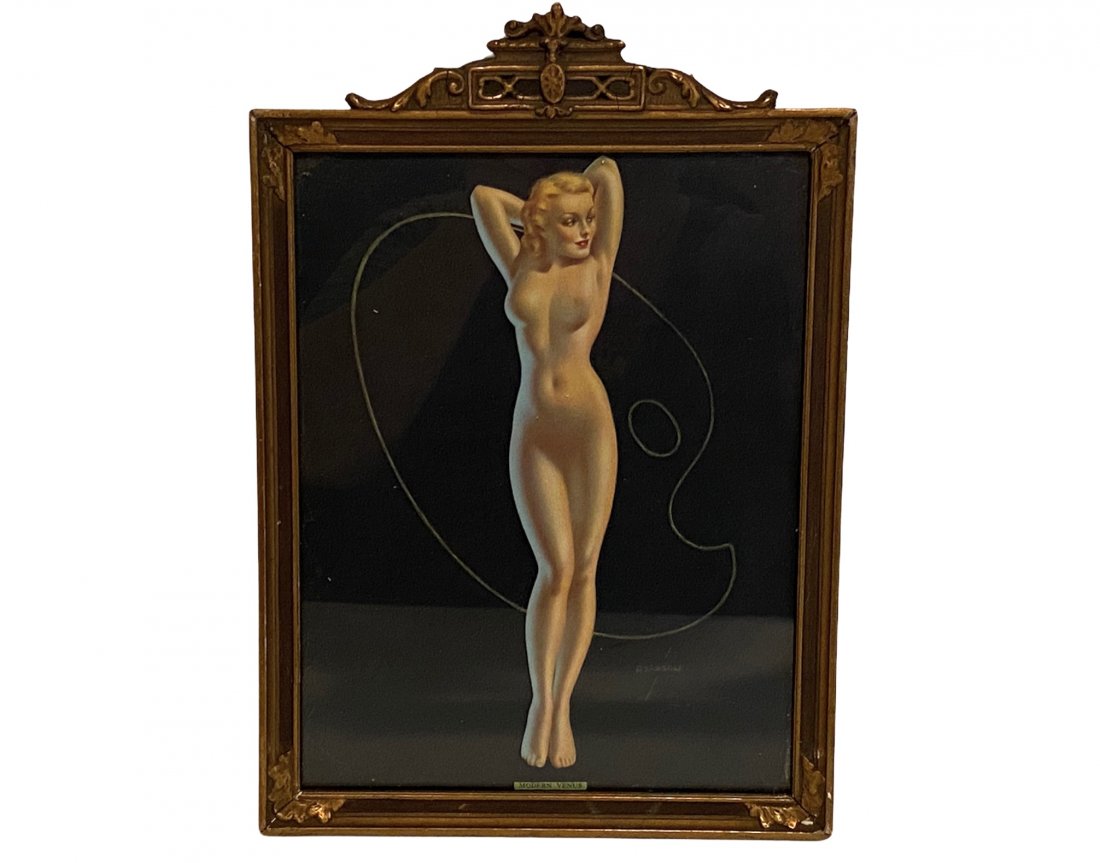 Modern Venus Pin Up Girl in an Antique Frame: Pin Up girl titled Modern Venus. This frame is not original and is older than the Pin Up but fits it nicely and is a good antique frame.