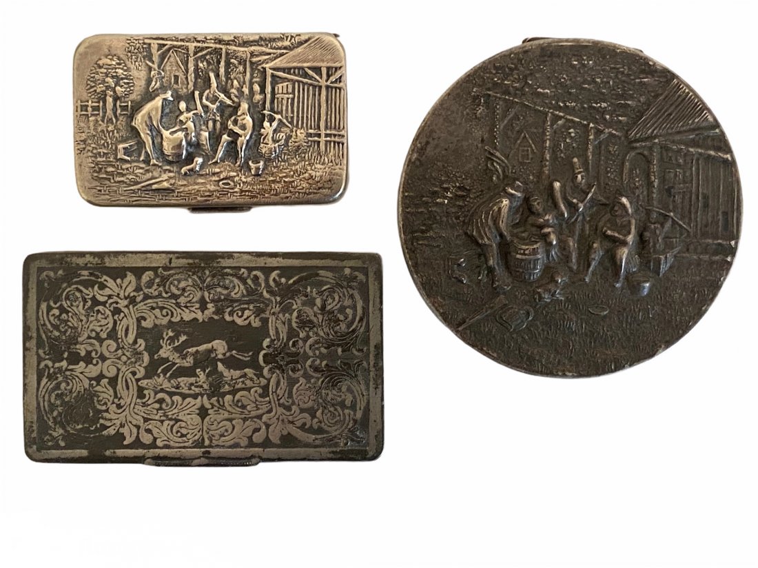 Lot of 3 Antique Silver Plate Snuff Boxes and Compact: Lot of 3 Antique Silver Plate Snuff Boxes and Compact. The embossed box and compact are marked By the maker and are from Denmark. The other box has a stag on the front.