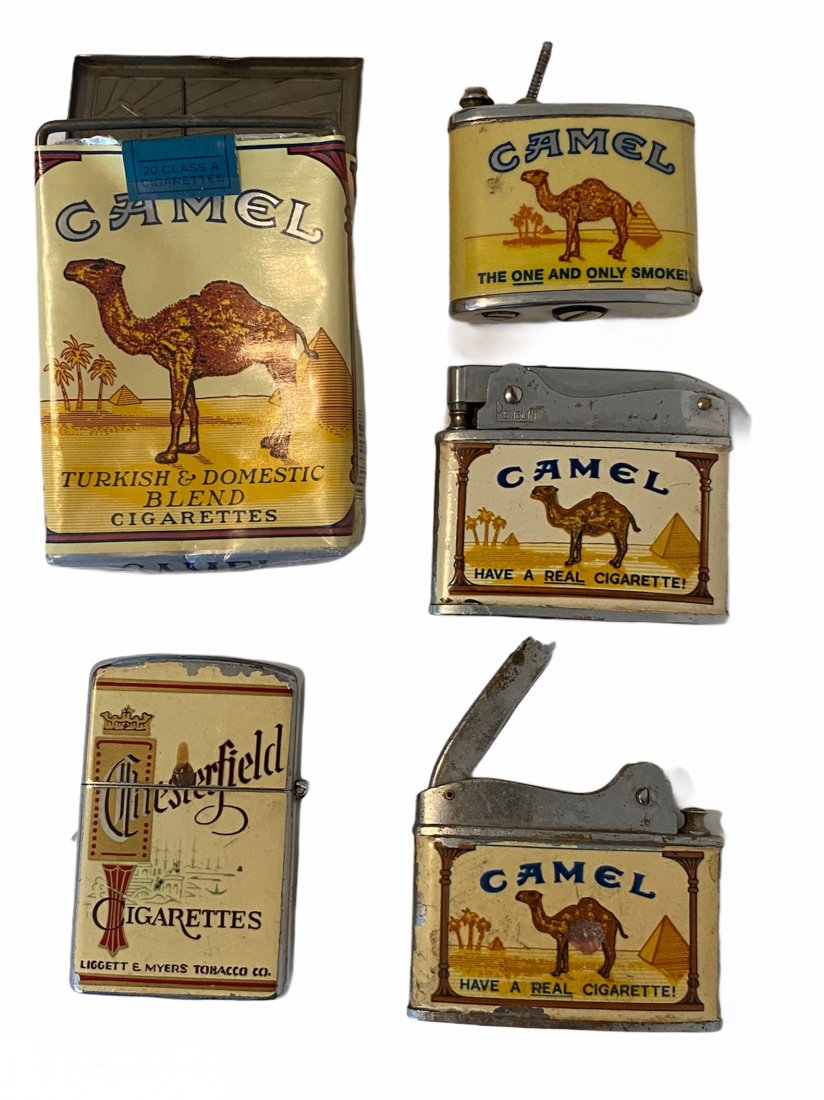 Lot Vintage Camel and Chesterfield Cigarette Lighters: Lot of vintage Camel and Chesterfield cigarette advertising lighter and a spring loaded cigarette topper. 2 Lighters are parts only.
