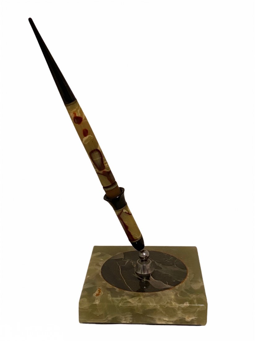 Art Deco Green and Black Marble Base Desk Pen Holder: Art Deco Green and Black Marble Base Desk Pen Holder with Matching Fountain Pen.