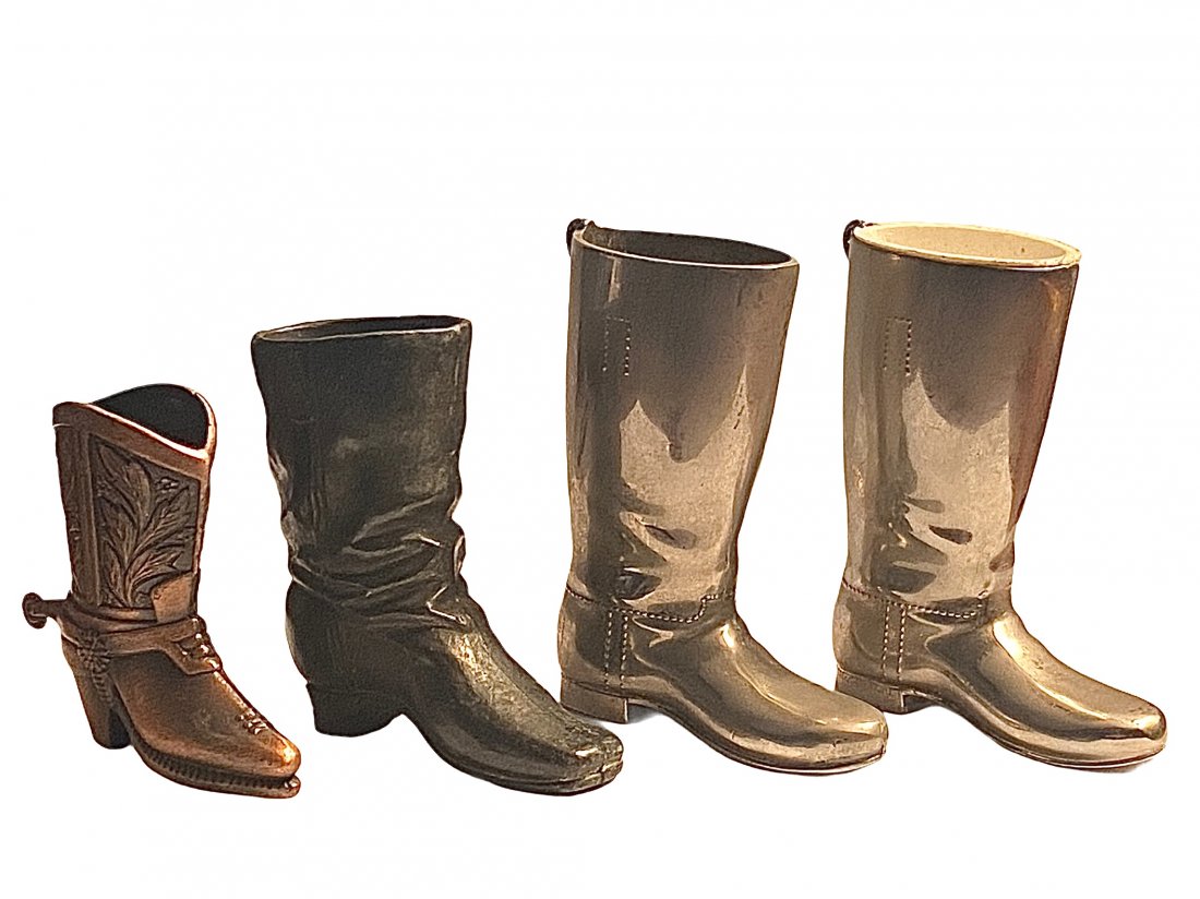 4 Piece Lot 2 Boot Shot Measures and 2 Boot Match Safes: 4 Piece Lot Consisting of 2 Boot Shot Measures and 2 Boot Match Safes. All are metal. Various sizes.