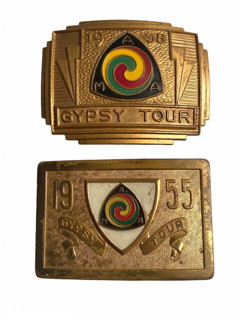 Lot of 2 AMA Gypsy Tour Belt Buckles 1938 & 1955: Lot of 2 AMA Gypsy Tour Belt Buckles. One is from 1938 and the other from 1955.