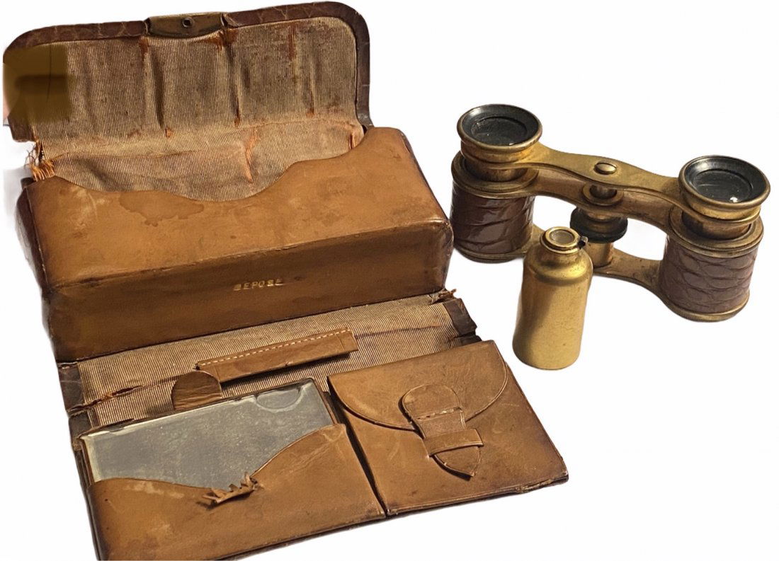 French Alligator Opera Glasses with Case & Vanity Items: French Alligator Opera Glasses with Case & Vanity Items, Mirror & Perfume, (missing cap).