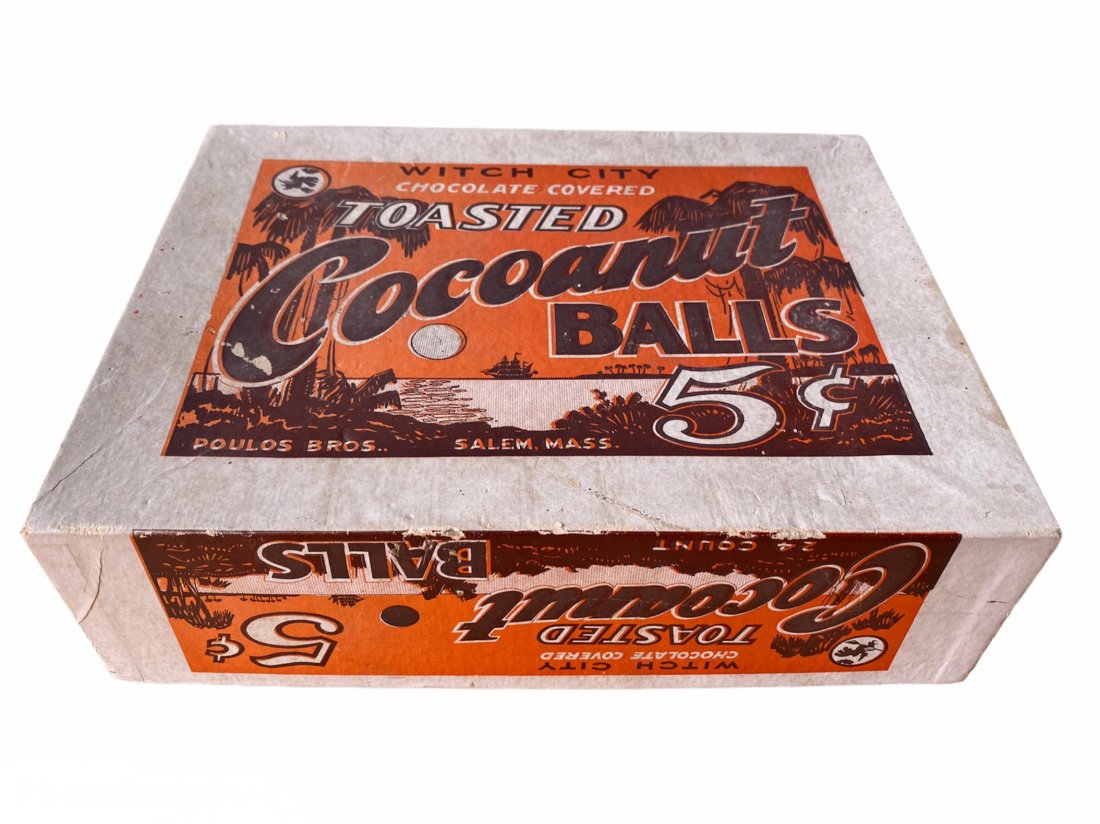 Rare Witch City Toasted Cocoanut Balls Candy Box Salem: Extremely Rare Witch City Chocolate Covered Toasted Cocoanut Balls 5 cents Candy Box. Candy was made by Poulos Bros. Salem MA. Box is in very good to excellent vintage condition with great graphics. I