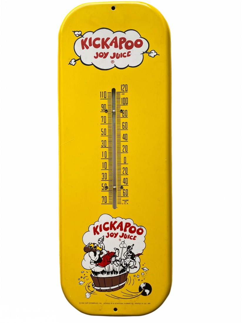 1966 Kickapoo Joy Juice Advertising Thermometer: Hard to Find 1966 Kickapoo Joy Juice Advertising Thermometer. Excellent vintage condition. It measures 16 inches by 6 inches.