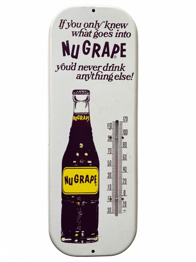 Nu Grape Soda Advertising Thermometer Sign: Nu Grape Soda Advertising Thermometer Sign. It is in very good vintage condition. It measures 16 inches by 6 inches.