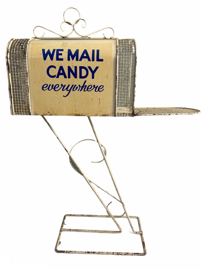 We Mail Candy Everywhere Advertising Store Display: Vintage "We Mail Candy Everywhere" Advertising Store Display/Window Display. It measures 25 inches by 14 inches by 6 inches.