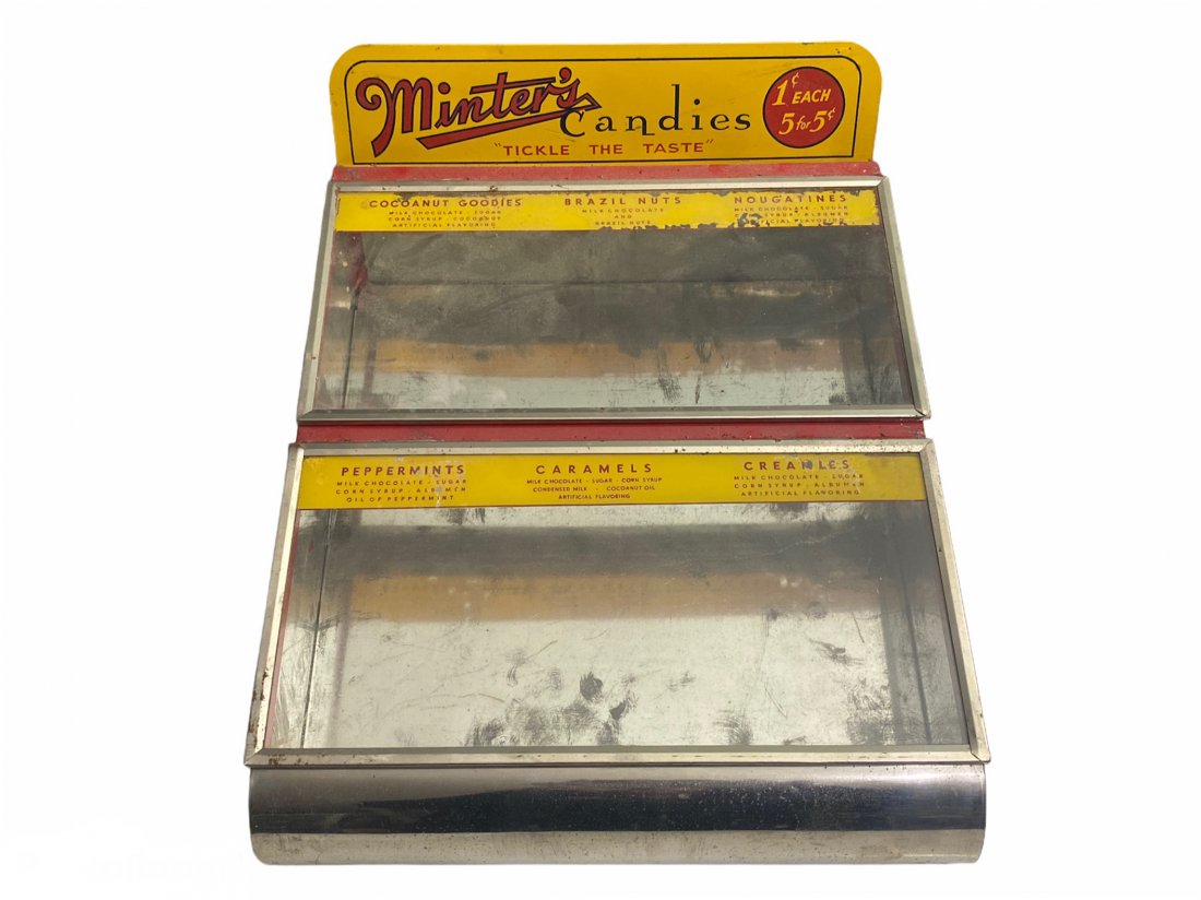 Minters Candies Country Store Counter Top Store Display: Antique Minter's Candies Country Store Counter Top Store Display. It measures 9.75 inches by 14 inches by 12 inches.