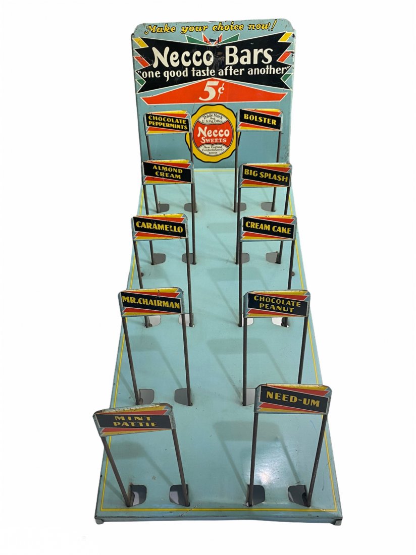 Rare Necco Bars Candy Counter Top Store Display: Rare Necco Bars Candy Counter Top Store Display. It measures 16 inches by 14.5 inches by 8 inches.