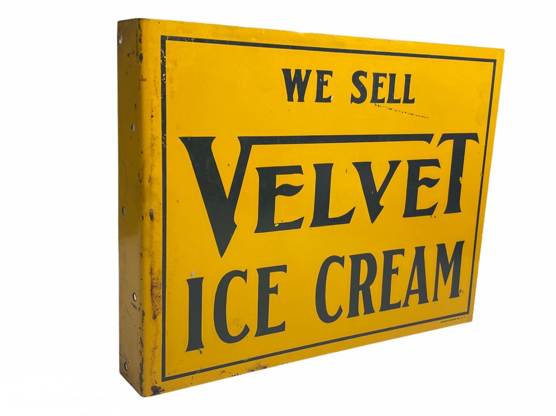 Antique Velvet Ice Cream Flange Sign: Antique Art Deco Velvet Ice Cream Flange Sign. It measures 12.5 inches by 10 inches by 1.5 inches.