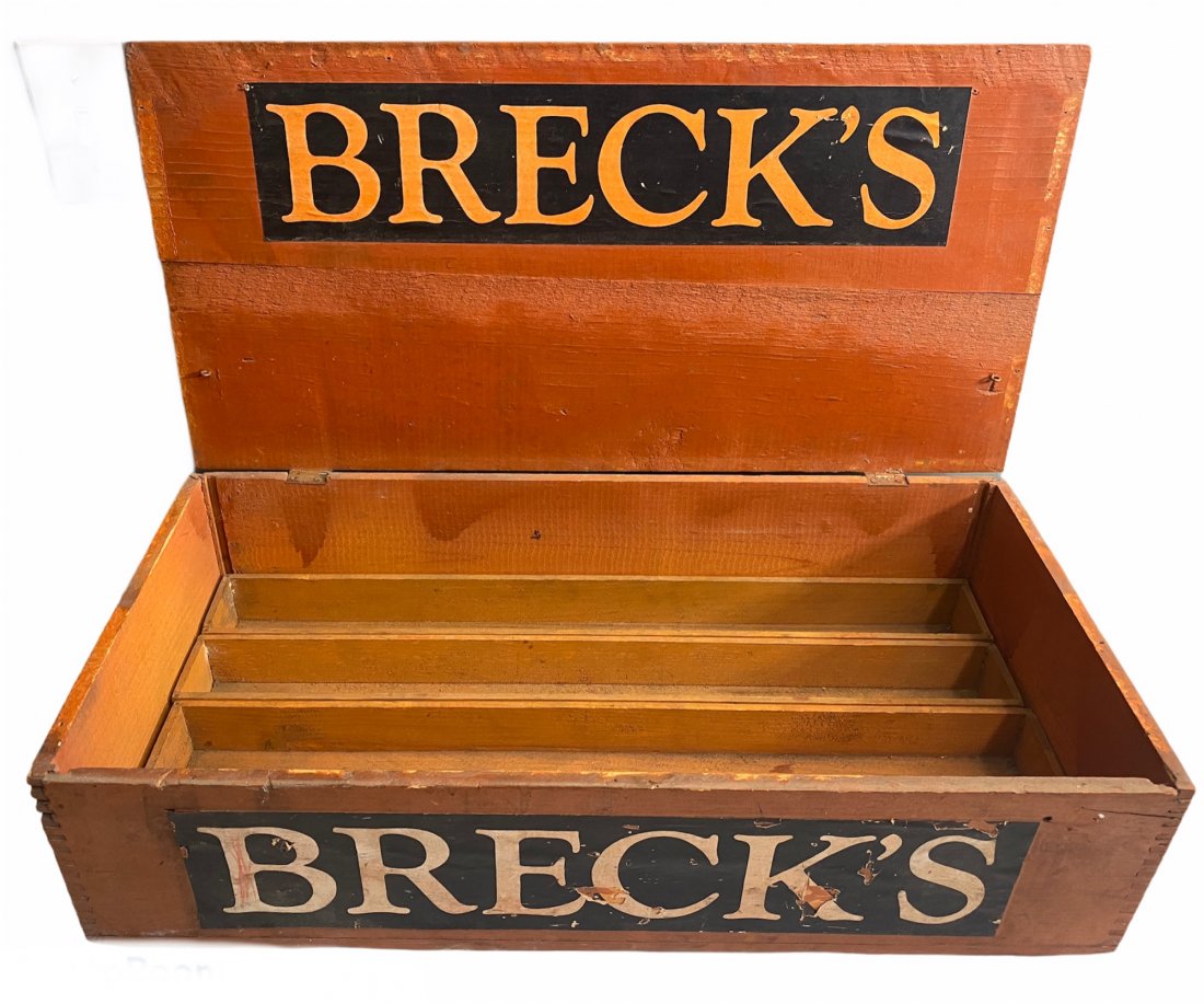 Breck's Advertising Store Display Wood Dovetailed Crate: Breck's Advertising Store Display Wood Dovetailed Crate. It measures 25.25 inches by 12.25 inches by 7 inches tall.