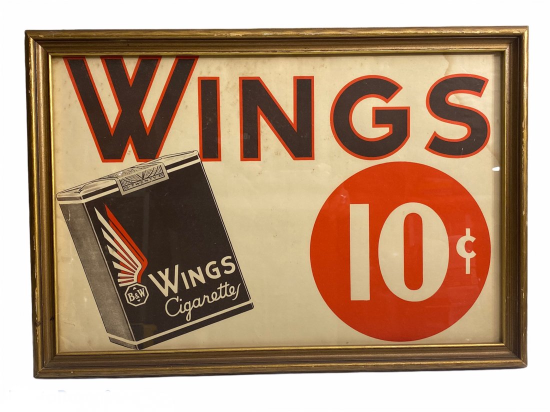 Antique Art Deco Wings 10 Cent Cigarettes Ad: Antique Art Deco, Wings 10 cent Cigarette Framed Advertisement. It measures 19.5 inches by 13.5 inches by 1 inch.