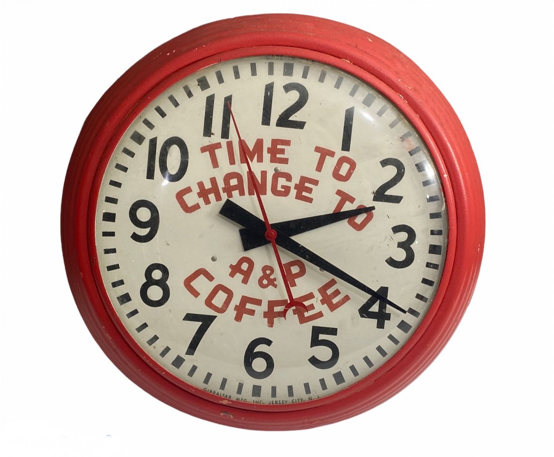 A&P Coffee Advertising Store Wall Clock: A&P Coffee Advertising Store Wall Clock Made by Gibraltar Mfg. Inc. It measures 15 inches in diameter by 3.5 inches deep.