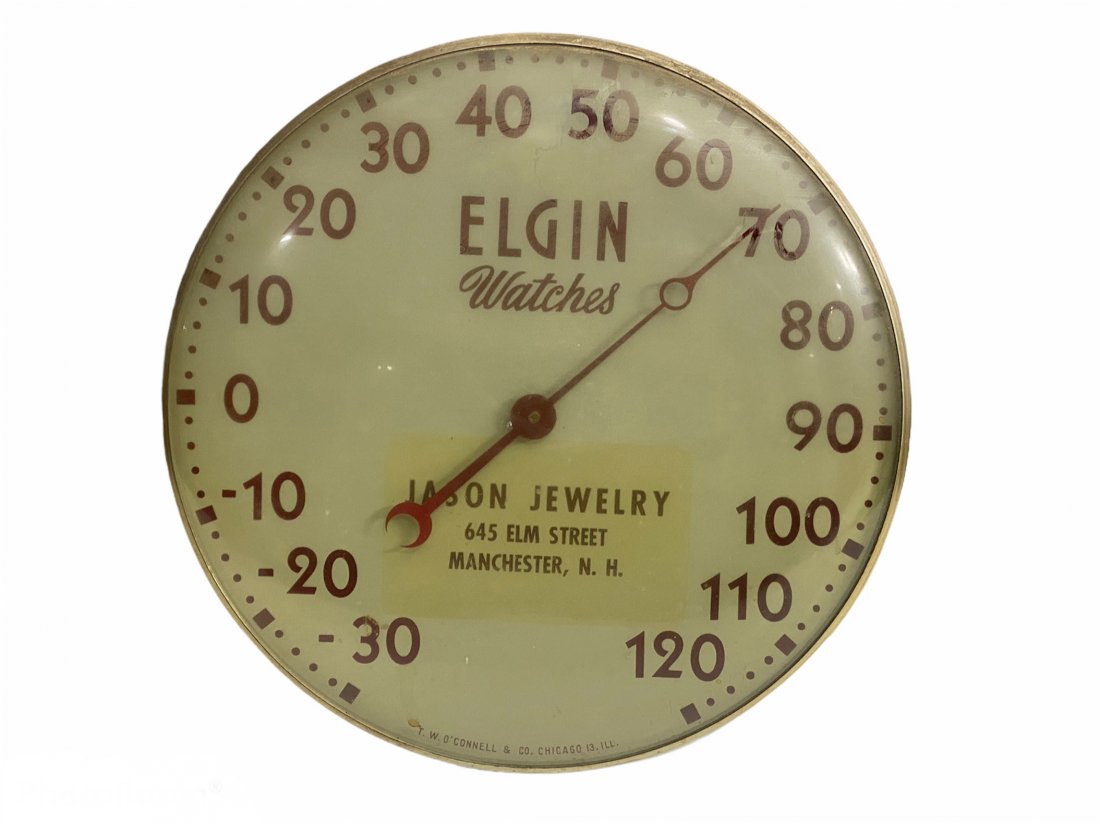 Elgin Watches Jewelry Store Advertising Thermometer: 1940's Elgin Watches, Jewelry Store, Advertising, Crescent Needle Thermometer. It measures 12 inches in diameter by 1.25 inches deep.