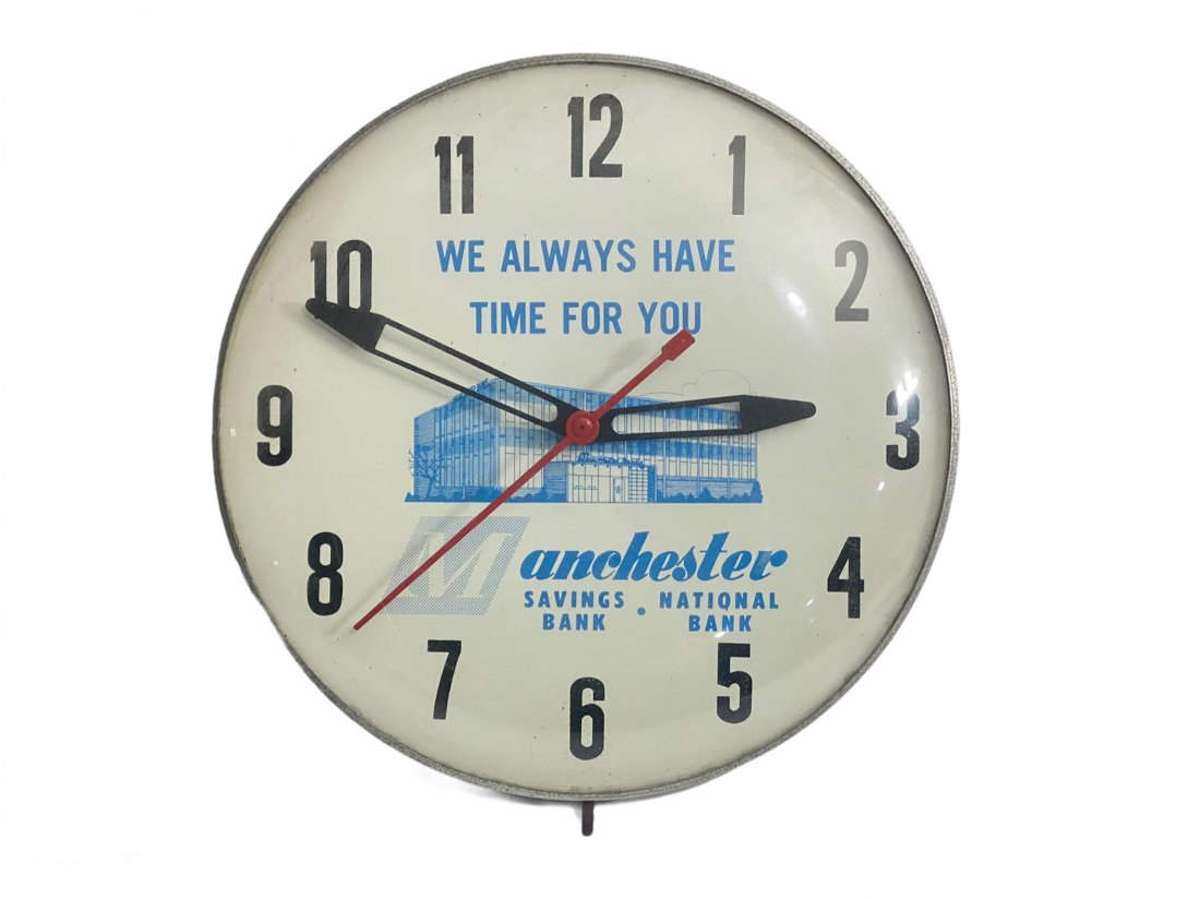 Manchester Savings Bank Advertising Wall Clock: Manchester Savings Bank, National Bank Advertising Wall Clock. It measures 12 inches in diameter and 1.75 inches deep.