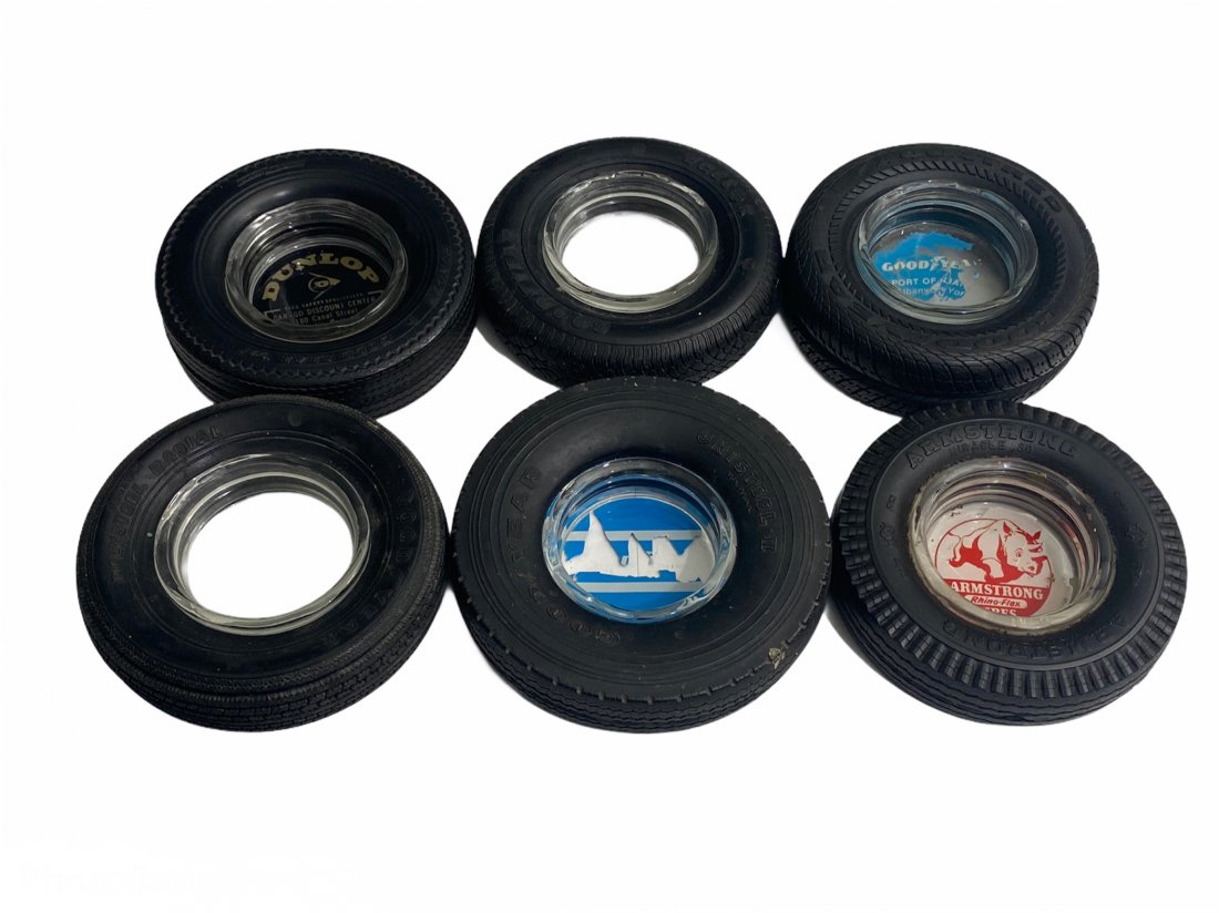 Lot of 6 Vintage Advertising Tire Ashtrays Good Year: Lot of 6 Vintage Advertising Tire Ashtrays Goodyear, Armstrong, Dunlop etc. Various sizes and conditions.