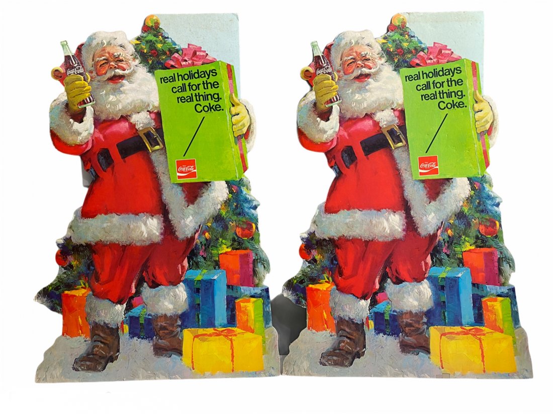 Lot of 2 Coca-Cola Coke Santa Cardboard Store Displays: Lot of 2 Vintage Coca-Cola, Coke, Santa Cardboard Cut Out Store Displays. Each measures 26.5 inches by 17 inches.