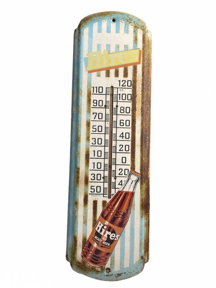 Hires Root Beer Advertising Thermometer: Hires Root Beer Advertising Thermometer. It measures 27 inches by 8 inches.