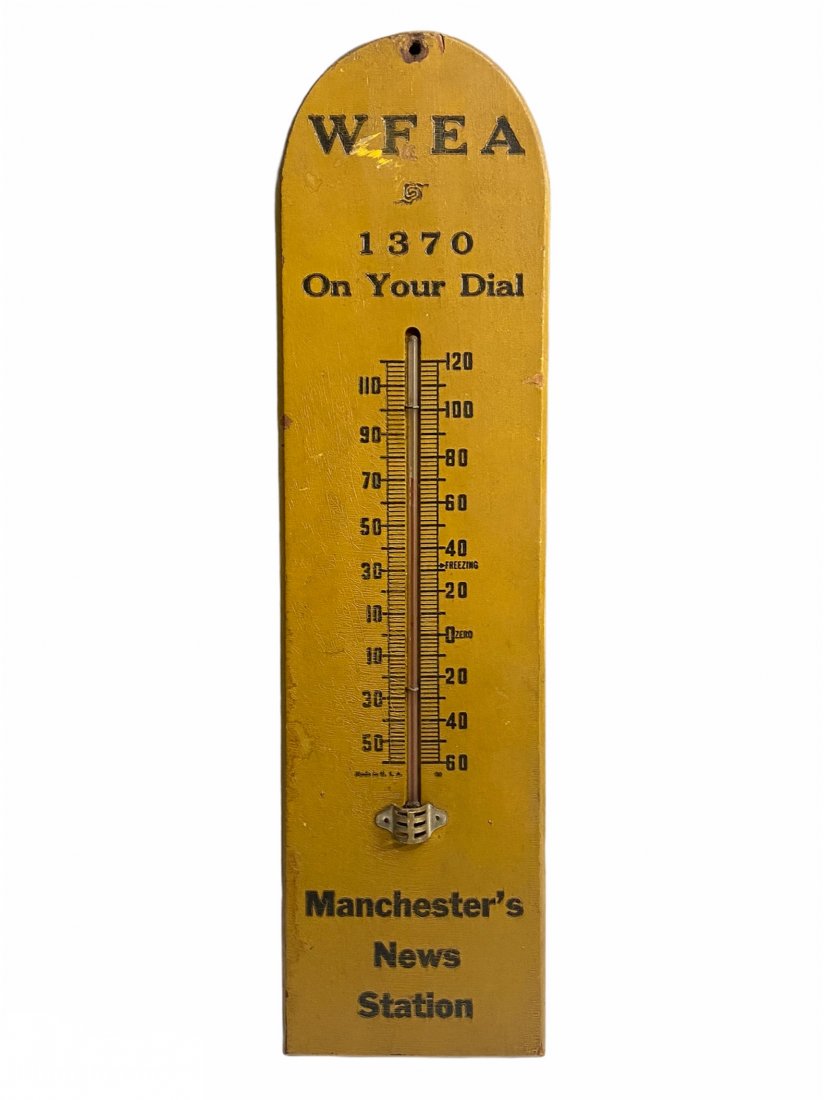 WFEA Wood Radio Station Advertising Thermometer: WFEA Wood Radio Station Advertising Thermometer. It measures 14.5 inches by 4 inches.