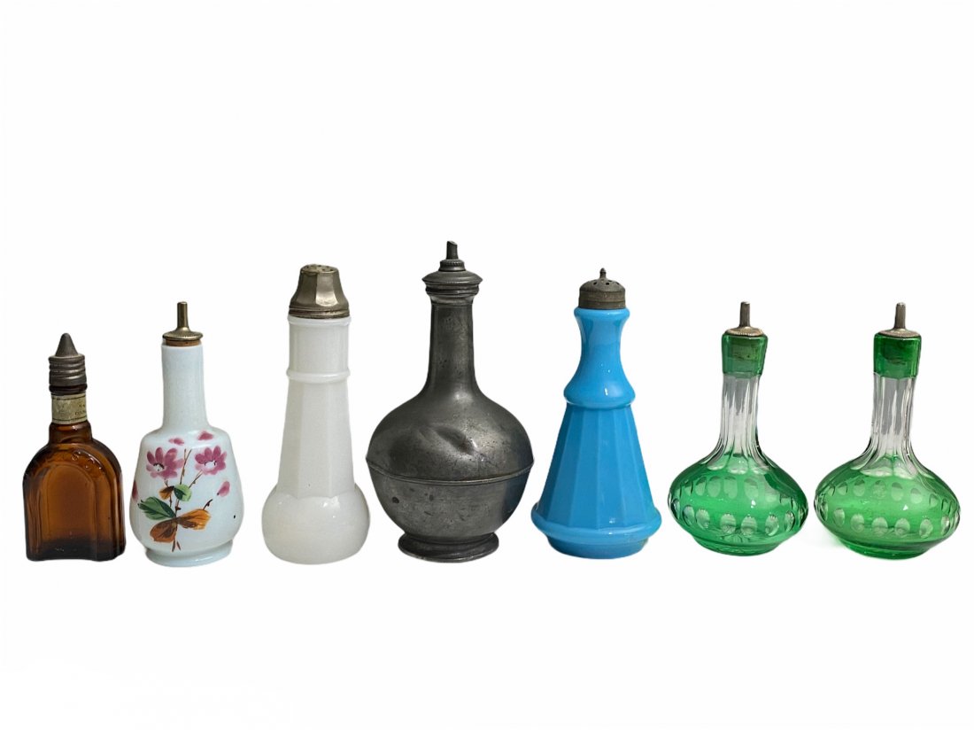 Lot of 7 Antique Barber Bottles 6 Glass, 1 Metal (1 of 4)