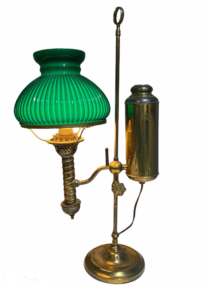 Antique Electrified Brass Student Lamp Green Glass (1 of 9)
