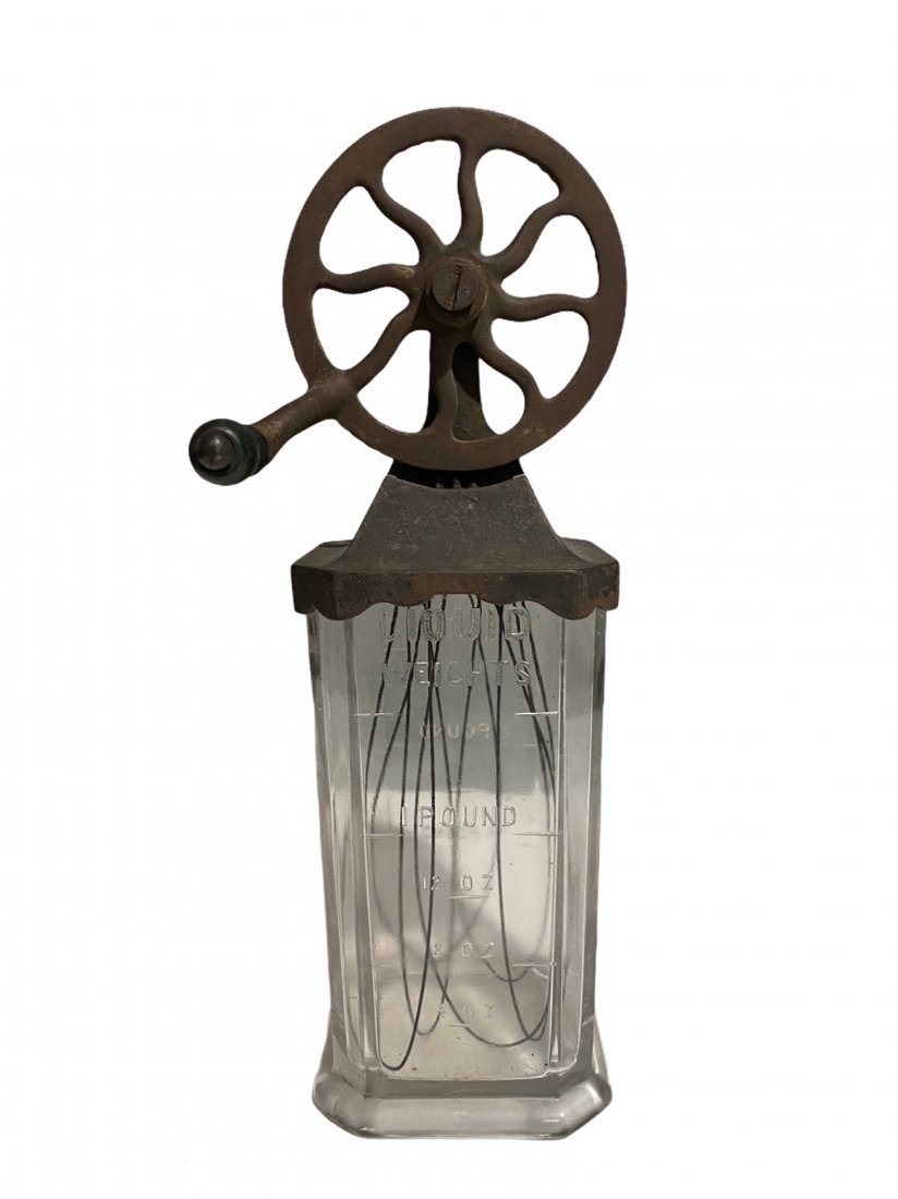 Silvers Brooklyn Cast Iron Glass Egg Beater Whisk Mixer: Antique Silvers Brooklyn Cast Iron and Embossed Glass Egg Beater, Whisk, Mixer. 12.25"TX4"X4".