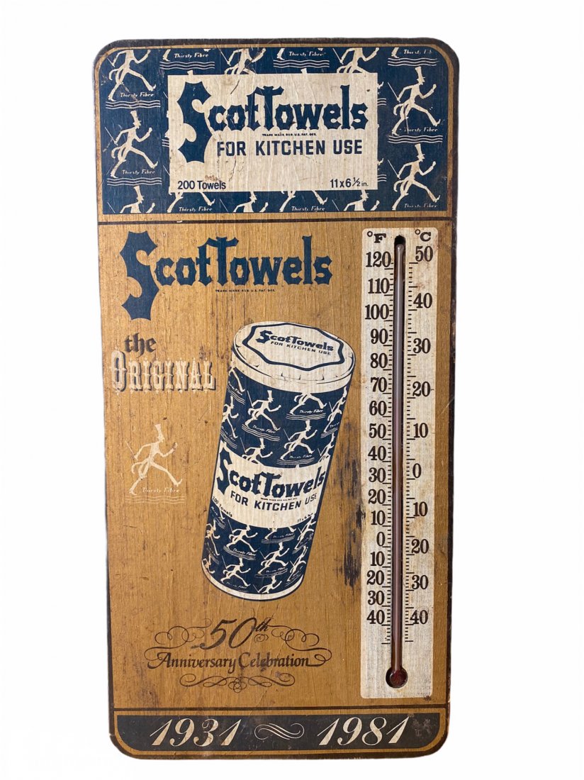 Scott’s Paper Towels 50th Anniv Advertising Thermometer: Scott’s Paper Towels 50th Anniversary Advertising Thermometer Sign. It measures 17.5”TX8.75”WX.75”D.