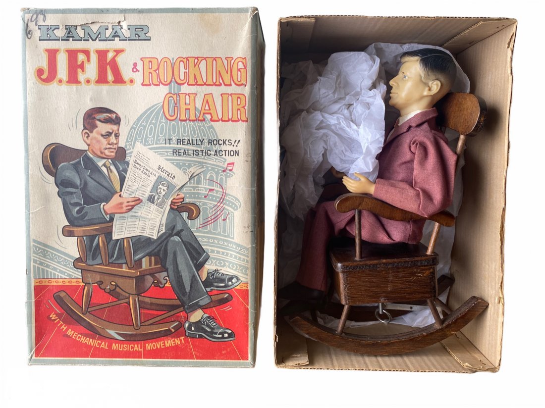 1963 KAMAR JFK Rocking Chair in Original Box Newspaper: 1963 KAMAR JFK Rocking Chair in Original Box with Newspaper. Toy winds but is currently not rocking.