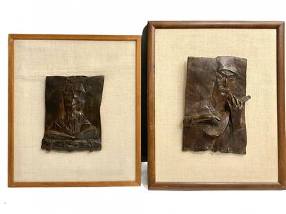 2 David Aronson Bronze Plaques The Minstrel & Scholar: 2 David Aronson Bronze Plaques The Minstrel & The Scholar. Each is mounted on a linen backed frame. The Scholar measures approximately 7 inches tall by 5.25 inches wide. The minstrel measures approxim