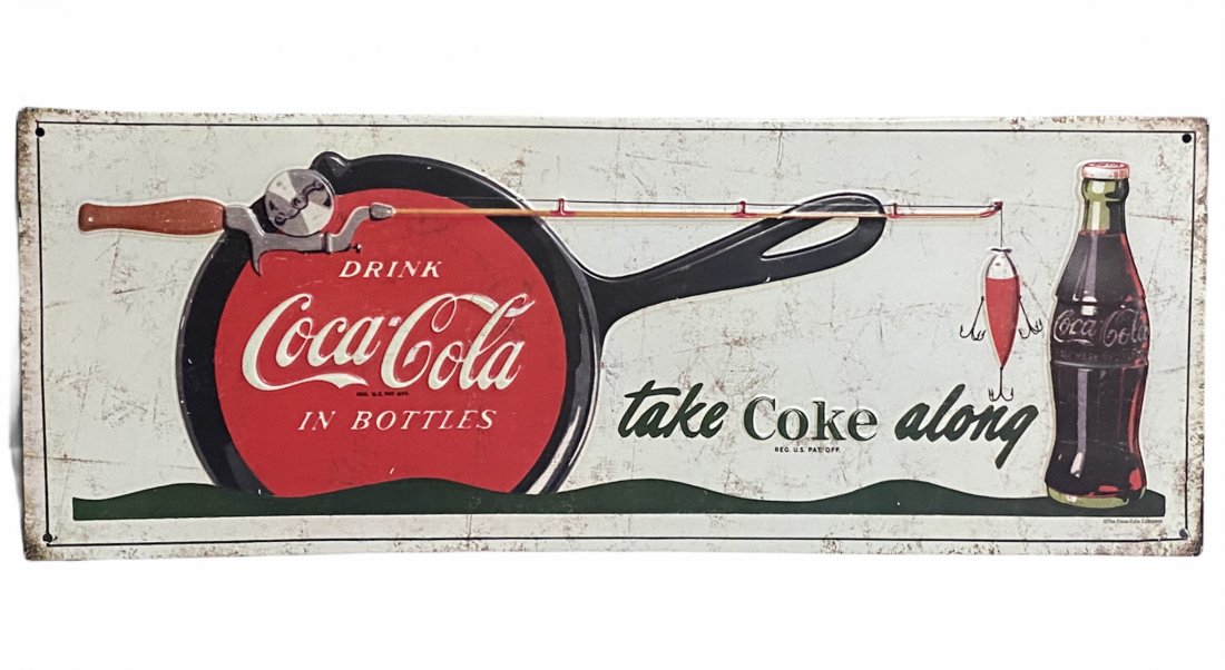 Take Coke Along Coca-Cola Advertising Sign: Take Coke Along Coca-Cola Advertising Sign. It measures 18 inches long by 7 inches tall.