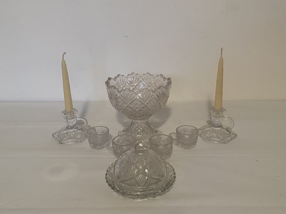 Doll Size Pressed Glass Punchbowl, Candlesticks etc. (1 of 6)