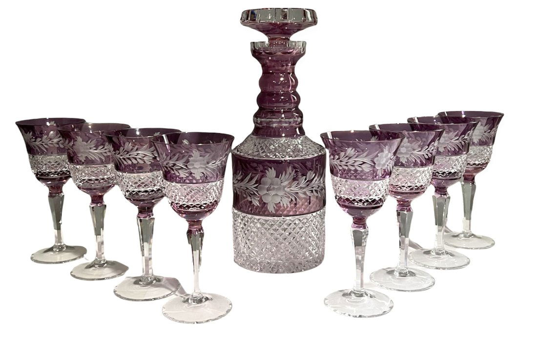 Spectacular Cut Glass Decanter Set Amethyst Cut toClear (1 of 10)