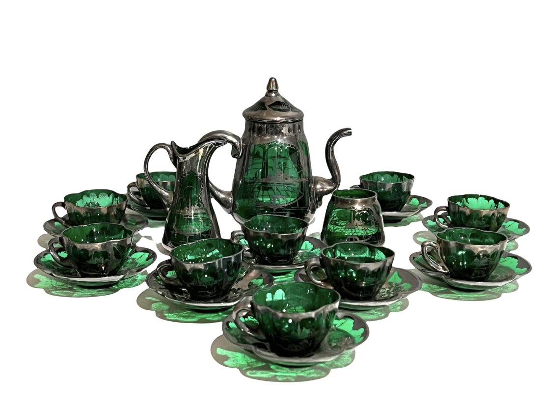 Antique Green Glass Sterling Overlay Tea Service for 10 (1 of 10)