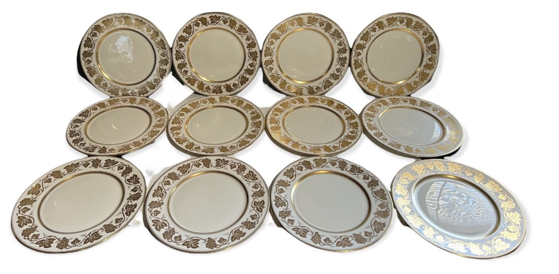Set of 12 Lambert Ivory China Dinner Plates: Set of 12 Lambert Ivory China Dinner Plates with Gold Decoration. Each measures 11 inches in diameter.