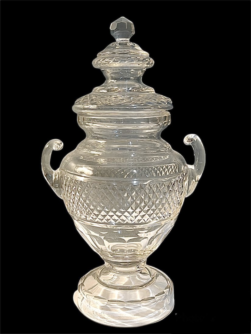 American Brilliant Cut Glass Covered Urn Amohora: American Brilliant Cut Glass Covered Urn/Amphora. It measures 11.25 inches tall by 6 inches in diameter.