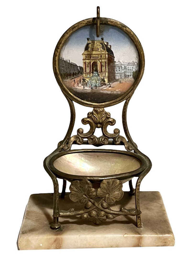 Victorian Grand Tour Souvenir Pocket Watch Holder: Victorian Grand Tour Souvenir Pocket Watch Holder with Hand Painted Scene and Mother of Pearl Shell. It measures 5 inches tall by 3.25 inches wide by 2 inches deep..