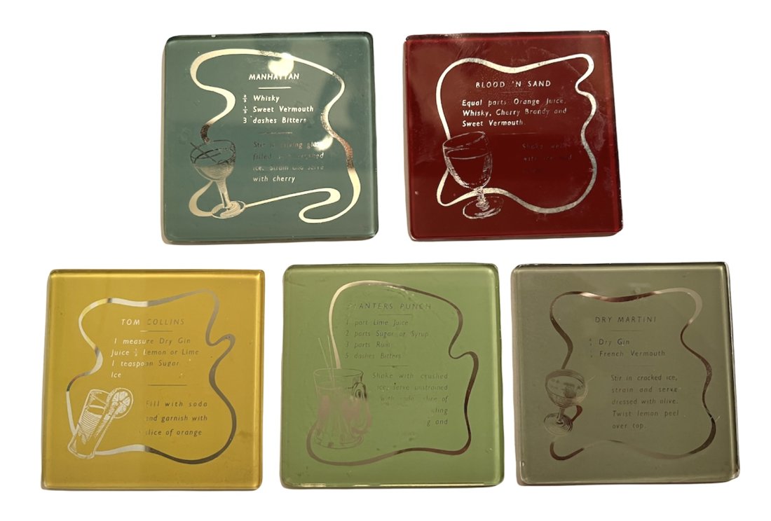 Set of 5 Glass 1950s Coaster with Drink Recipes: A Fun Set of 5 Glass 1950s Coaster with Drink Recipes on them. They measure 3 inches by 3 inches. Felted bottom.