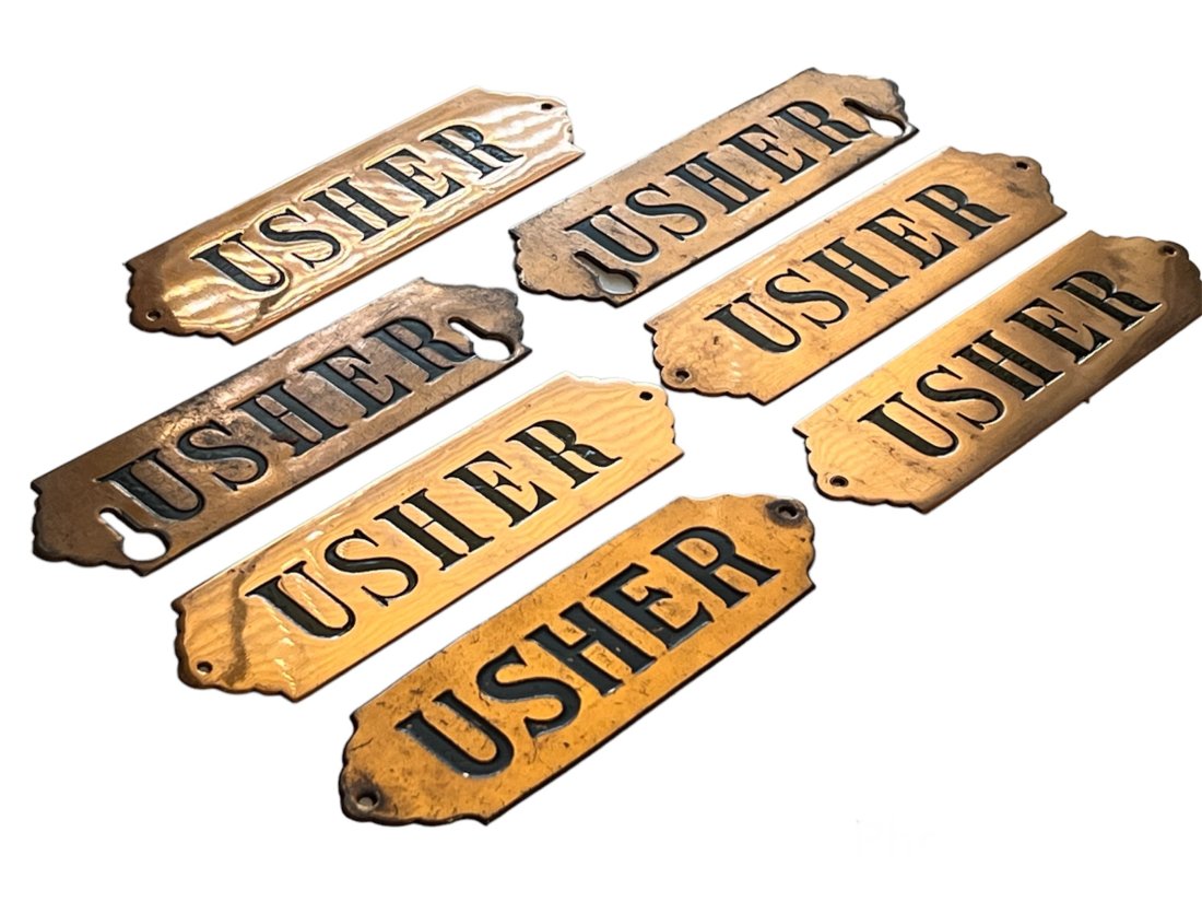 Lot of 7 Art Deco Heavy Gauge Brass Metal Usher Signs: Lot of 7 new old stock, Art Deco, heavy gauge brass usher signs. Embossed.