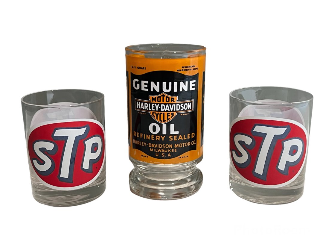 Lot of 3 Advertising Glasses 2 STP Automobile Oil and 1 Harley Davidson Oil (1 of 5)