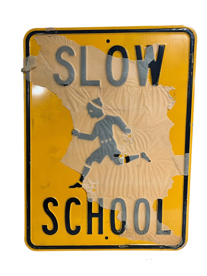Vintage New Old Stock Heavy Gauge Metal Embossed SLOW SCHOOL Sign (1 of 4)